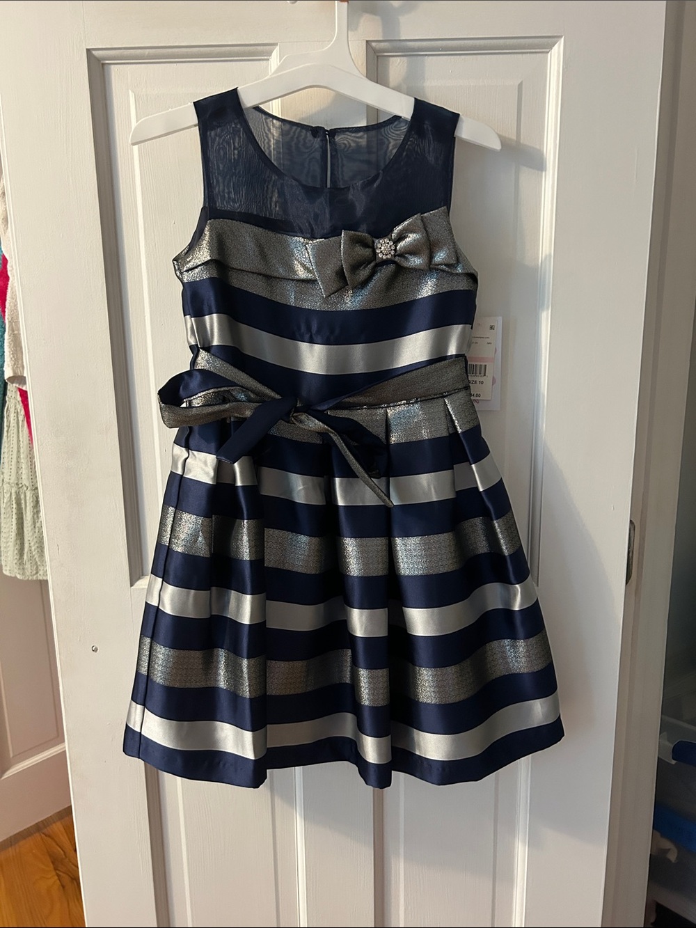Bonnie Jean Navy and Silver Striped Party Dress with Bow